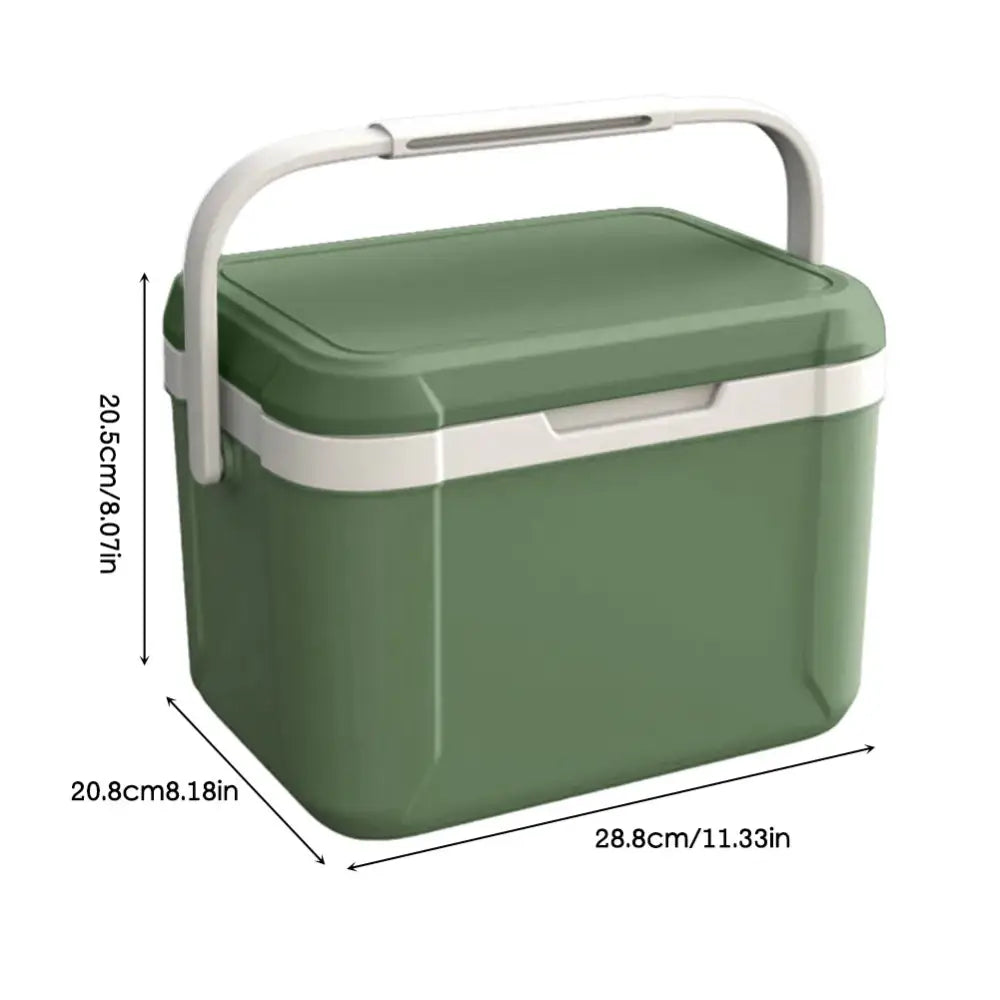 Green portable cooler box with a white handle and trim.