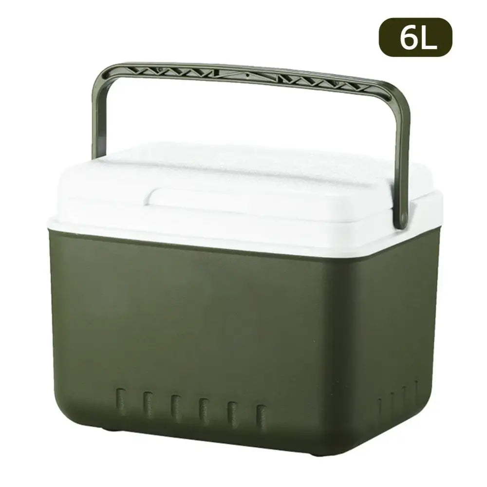 Olive green and white portable cooler with a handle labeled ’6L’.