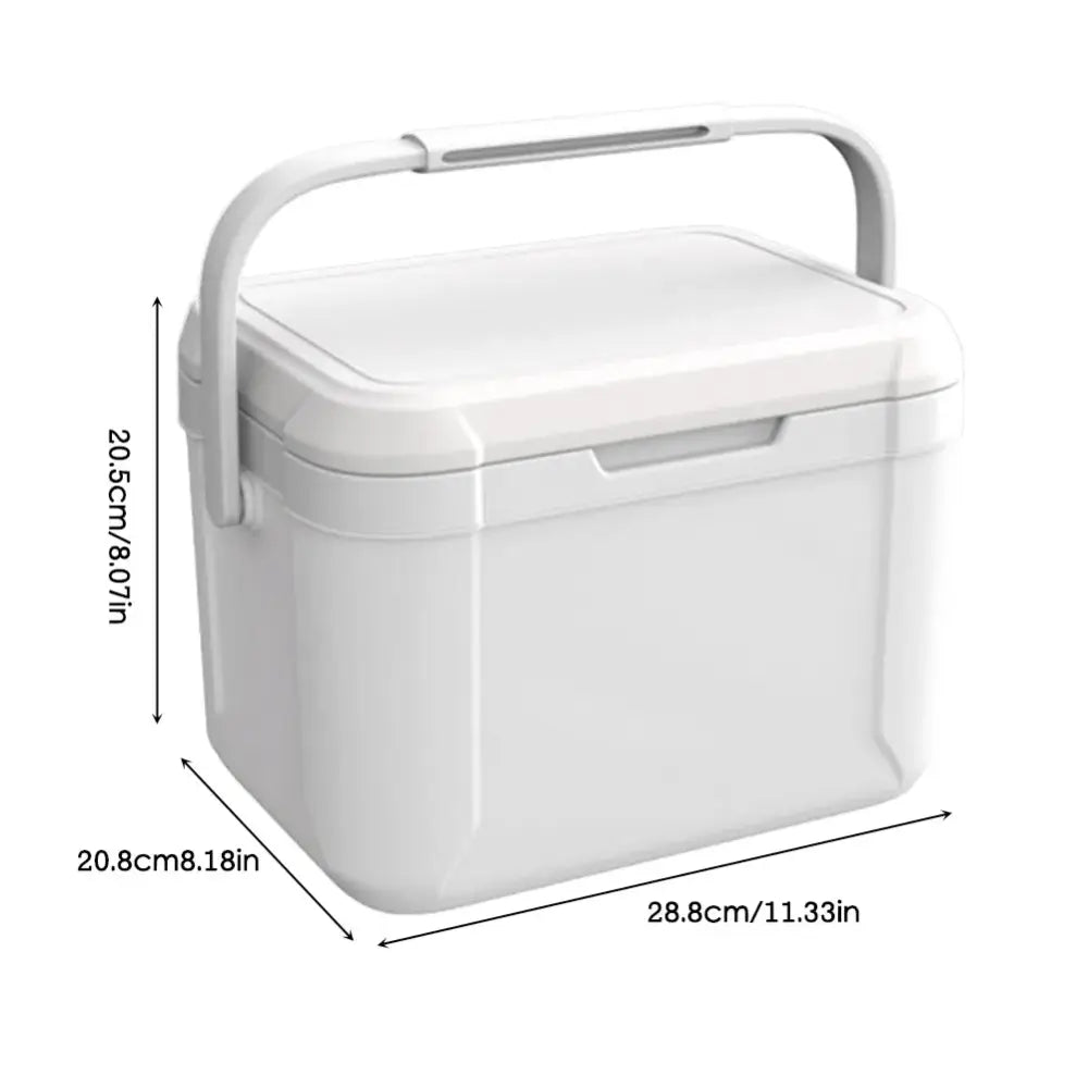 White plastic storage container with a handle and lid.