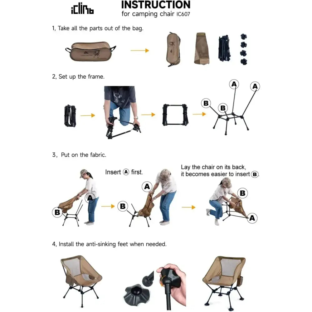 Assembly instructions for a portable camping chair.