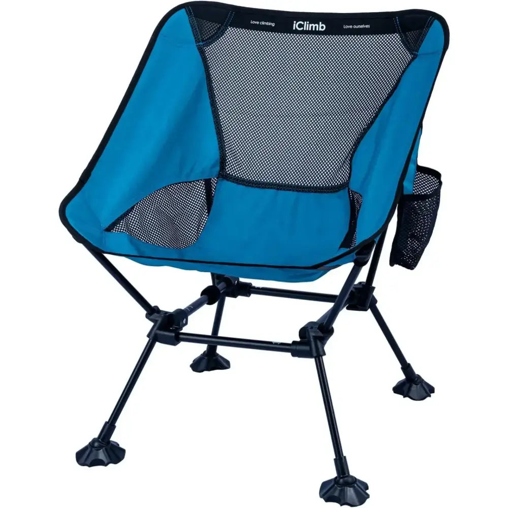 Portable folding camping chair with blue fabric and mesh backing.