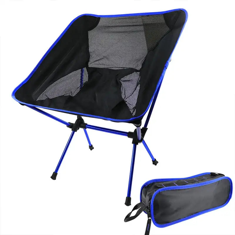 Portable folding camping chair with blue frame and carrying case.