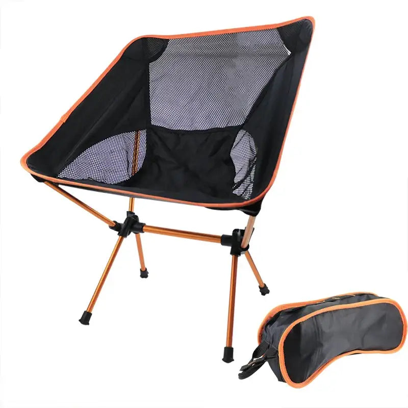 Portable folding camping chair with mesh seat and orange frame, accompanied by a matching storage bag.