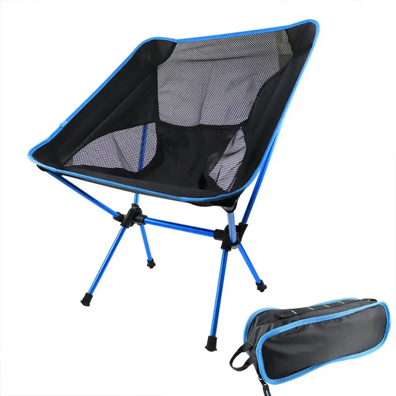 Portable folding camping chair with mesh seat and blue frame, shown with its carrying case.