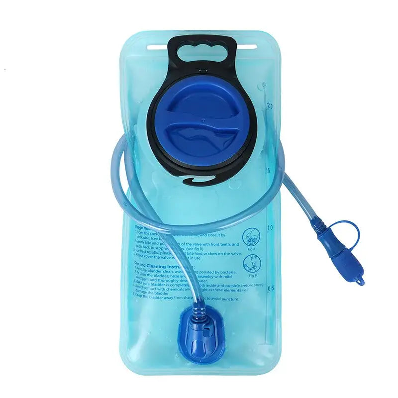 Hydration bladder with a blue cap and drinking tube.