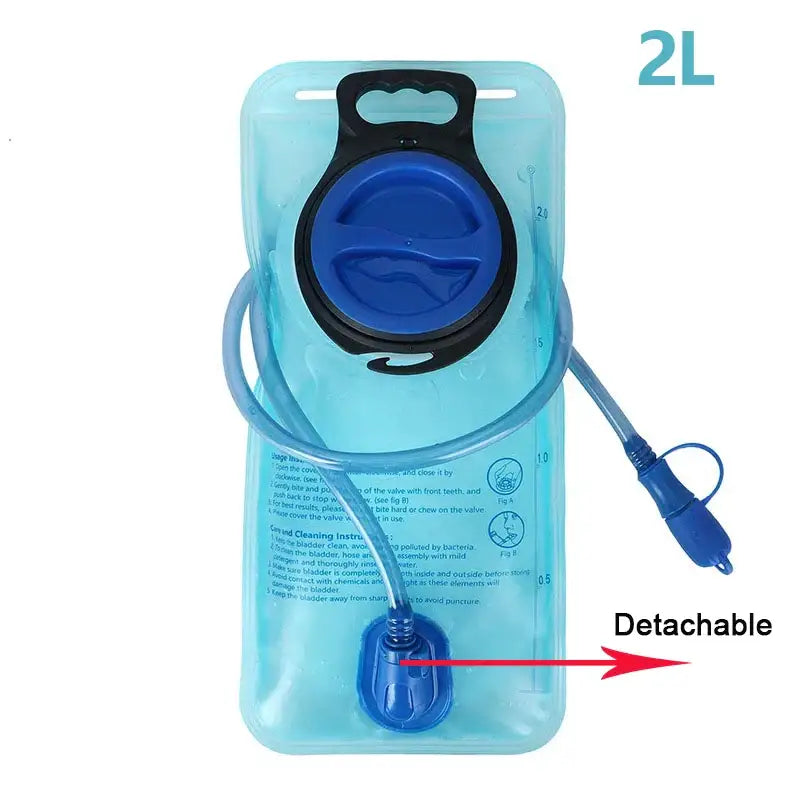 Hydration bladder with a detachable drinking tube and blue cap.