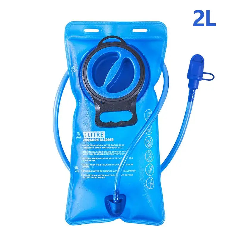 Hydration bladder or water reservoir for backpacks, featuring a blue flexible container with a drinking tube.