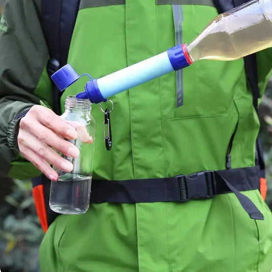 Water filtration device being used to pour liquid into a bottle.