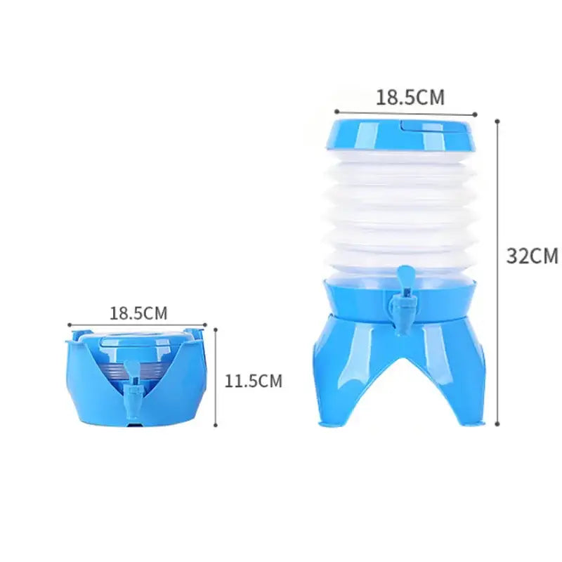 Collapsible water dispenser with a blue base and transparent accordion-style container.