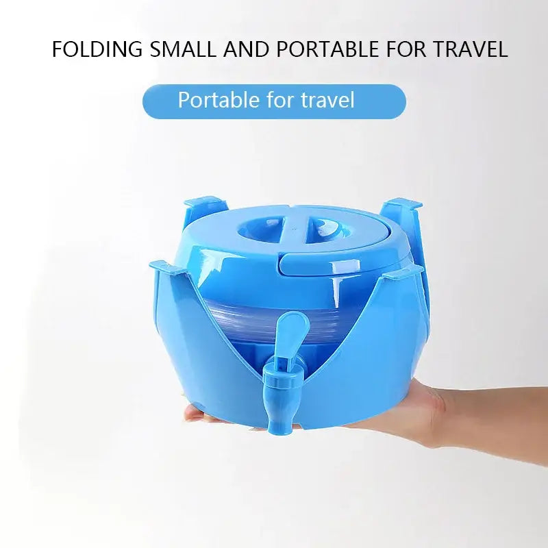 Foldable blue plastic water dispenser with a spout.