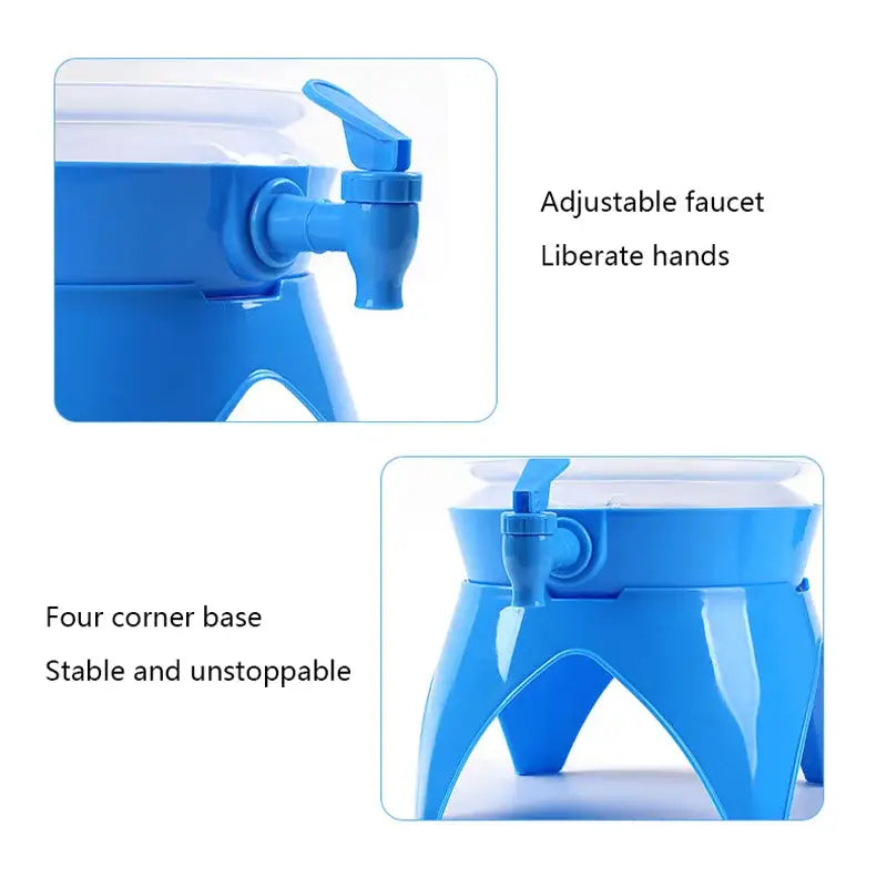 Blue plastic water dispenser with an adjustable spout and four-legged base.