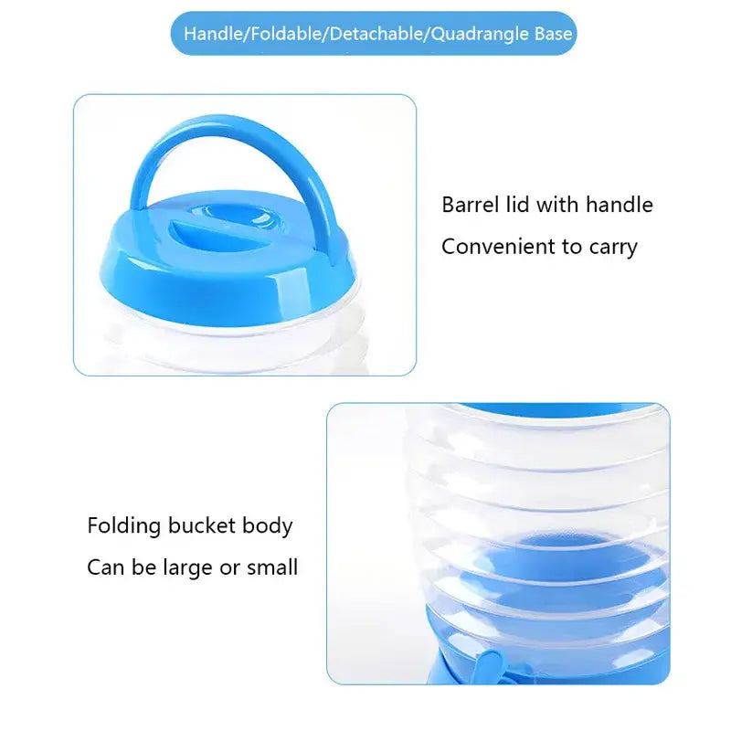 Collapsible blue plastic bucket with a handle and lid.