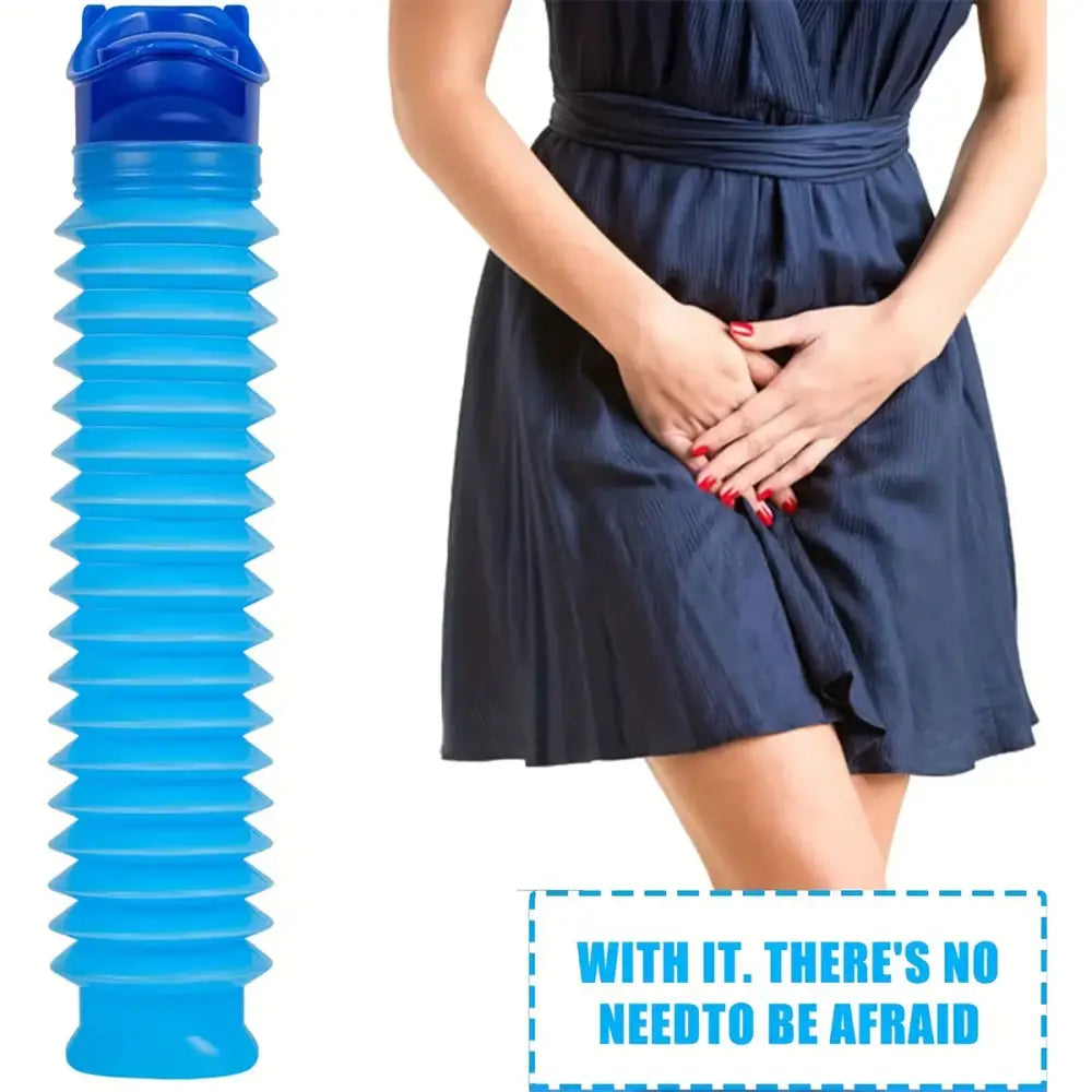 Collapsible blue plastic urination device for women.