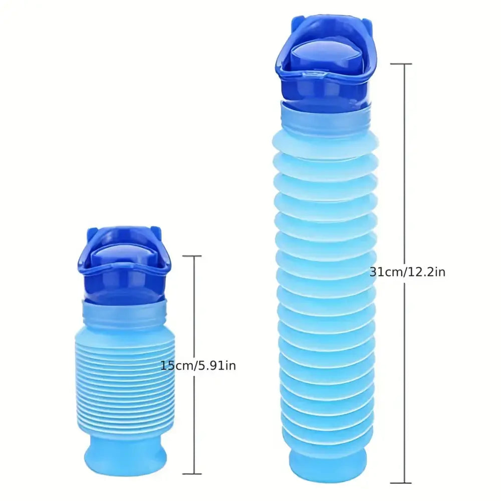 Expandable blue plastic urinal container with a lid.