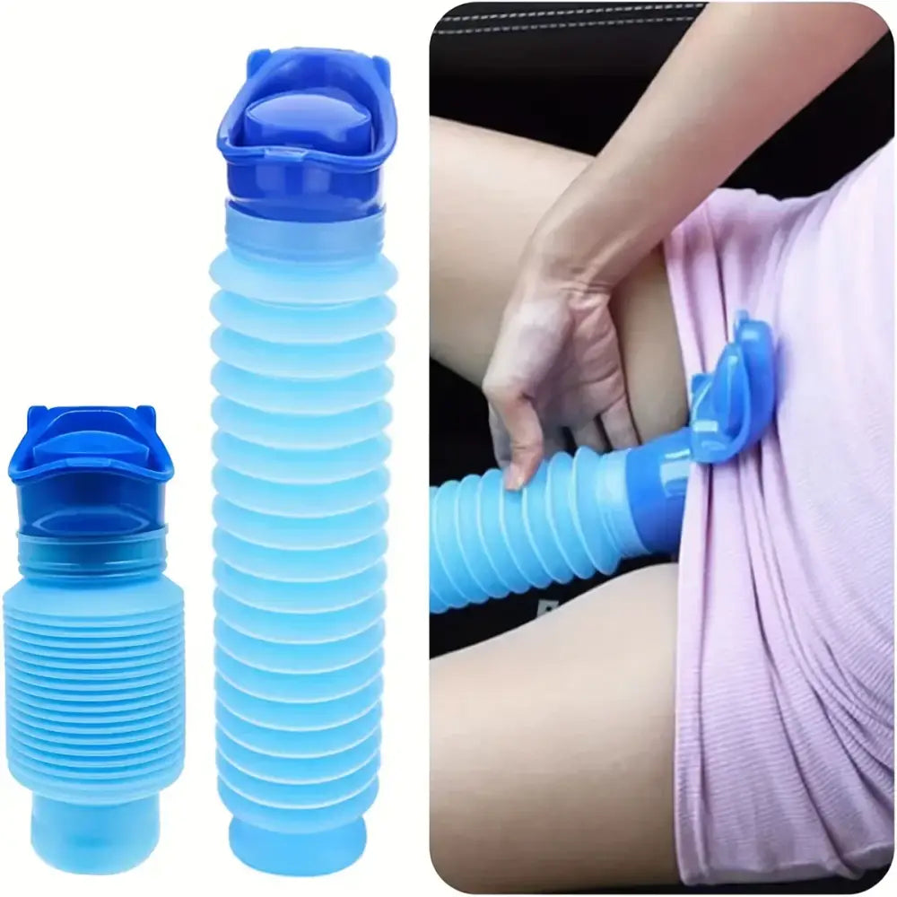 Portable, collapsible urinal device with blue accordion-style body and cap.