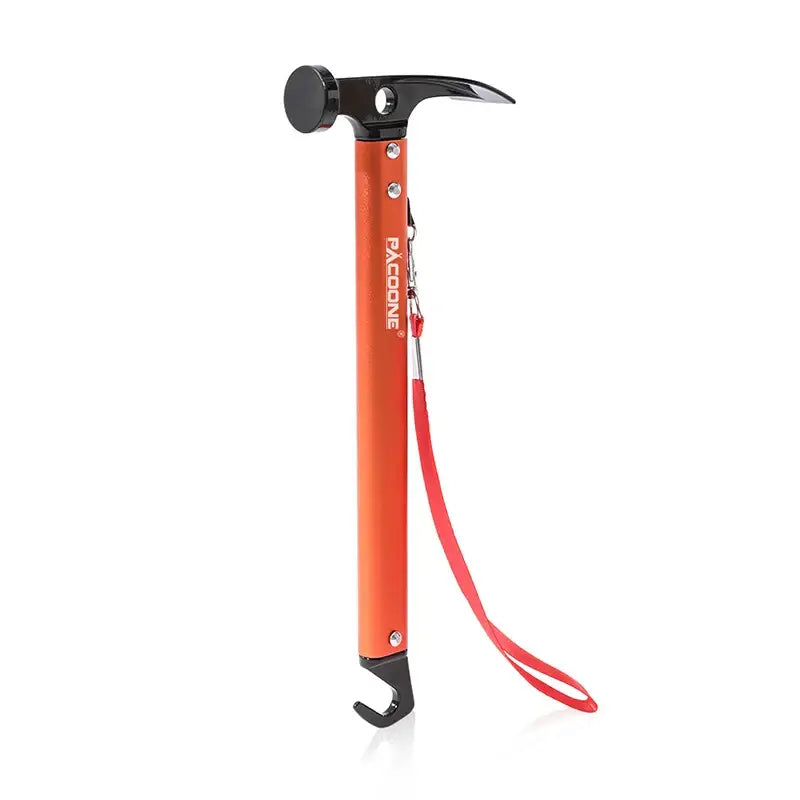 Orange-handled claw hammer with a red wrist strap.