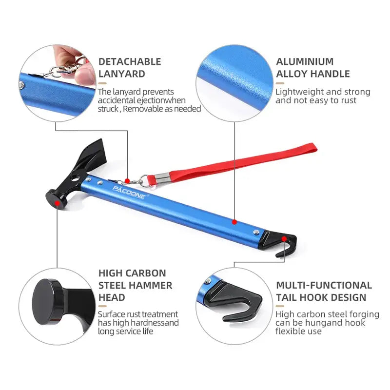 Blue and red hammer with labeled features highlighting its components and design elements.