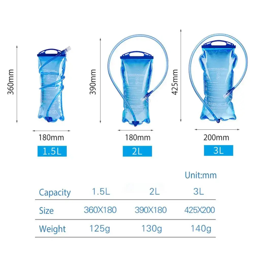 Collapsible blue water reservoirs or hydration bladders in three different sizes.