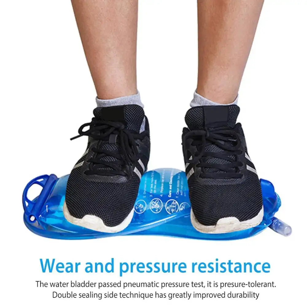 Blue inflatable foot massager or pressure device worn under a person’s athletic shoes.