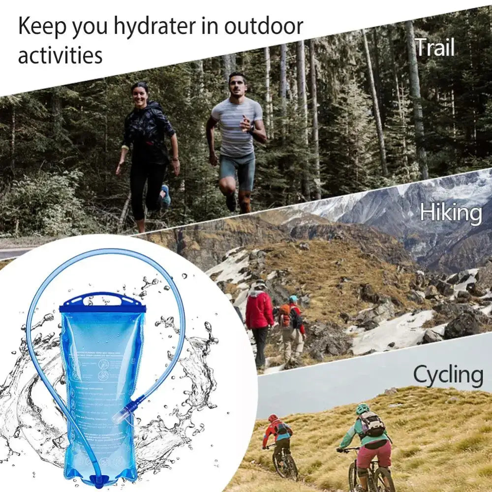 Hydration pack with a blue water reservoir surrounded by splashing water.