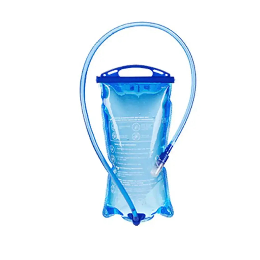 Hydration bladder with a blue tint and flexible drinking tube.