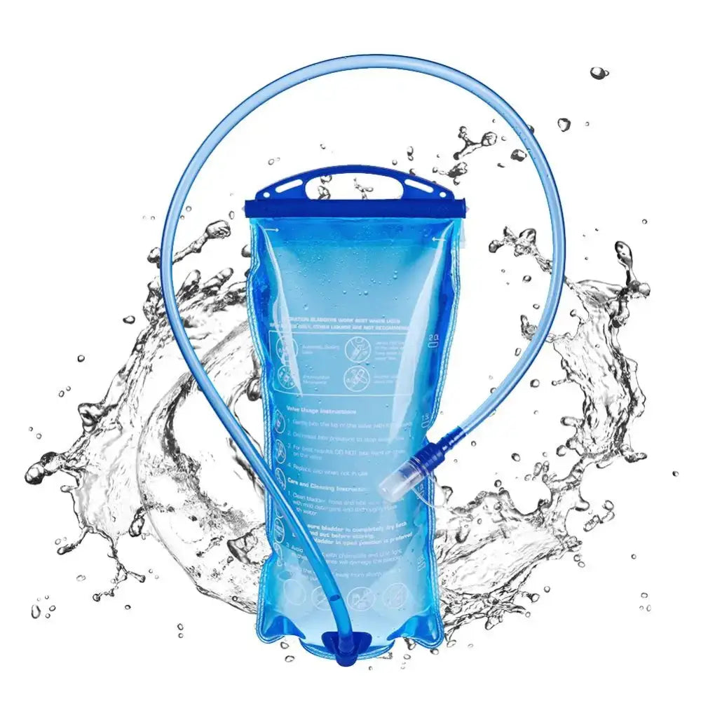 Transparent blue hydration bladder with a drinking tube against a water splash background.