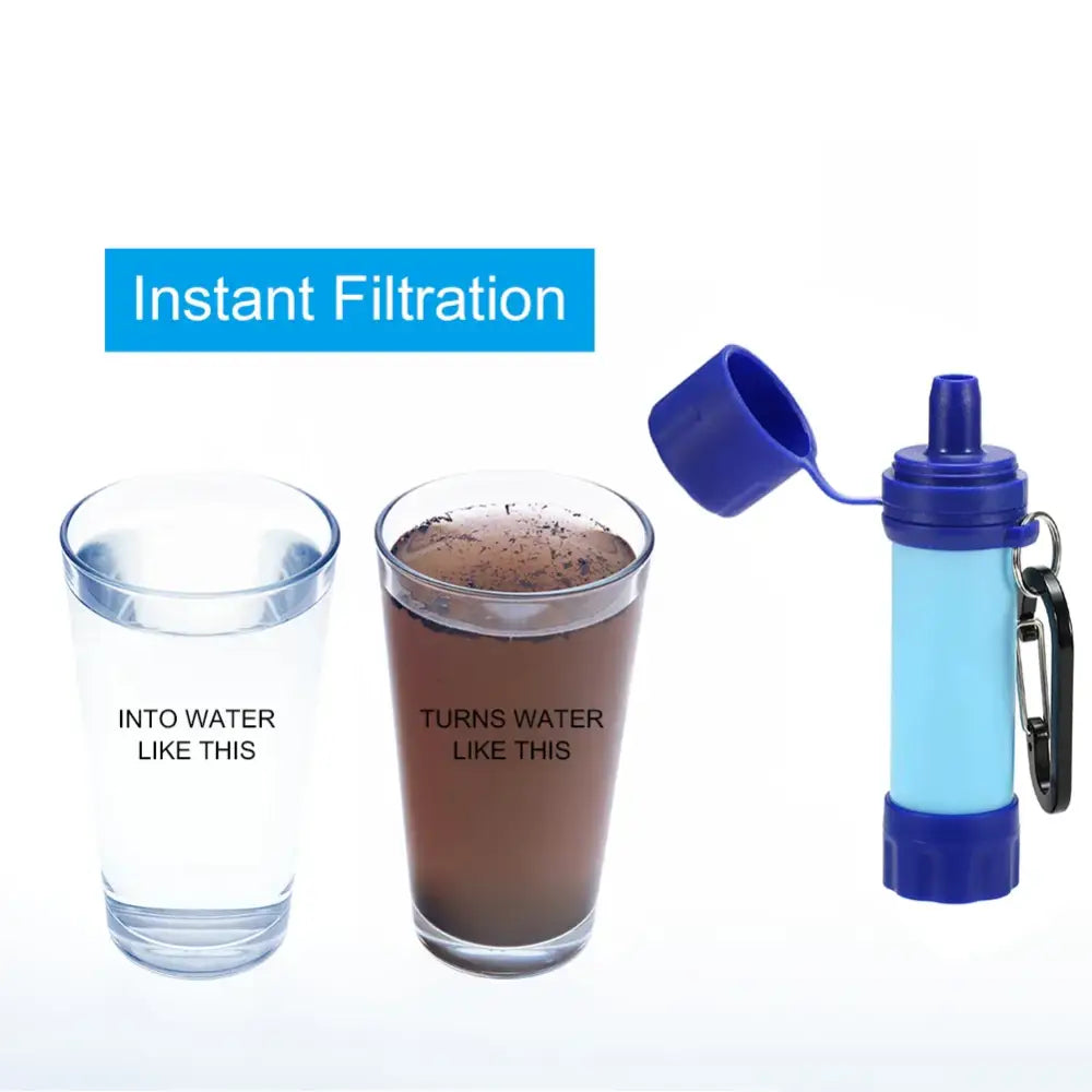 Portable water filtration bottle with blue and navy components.