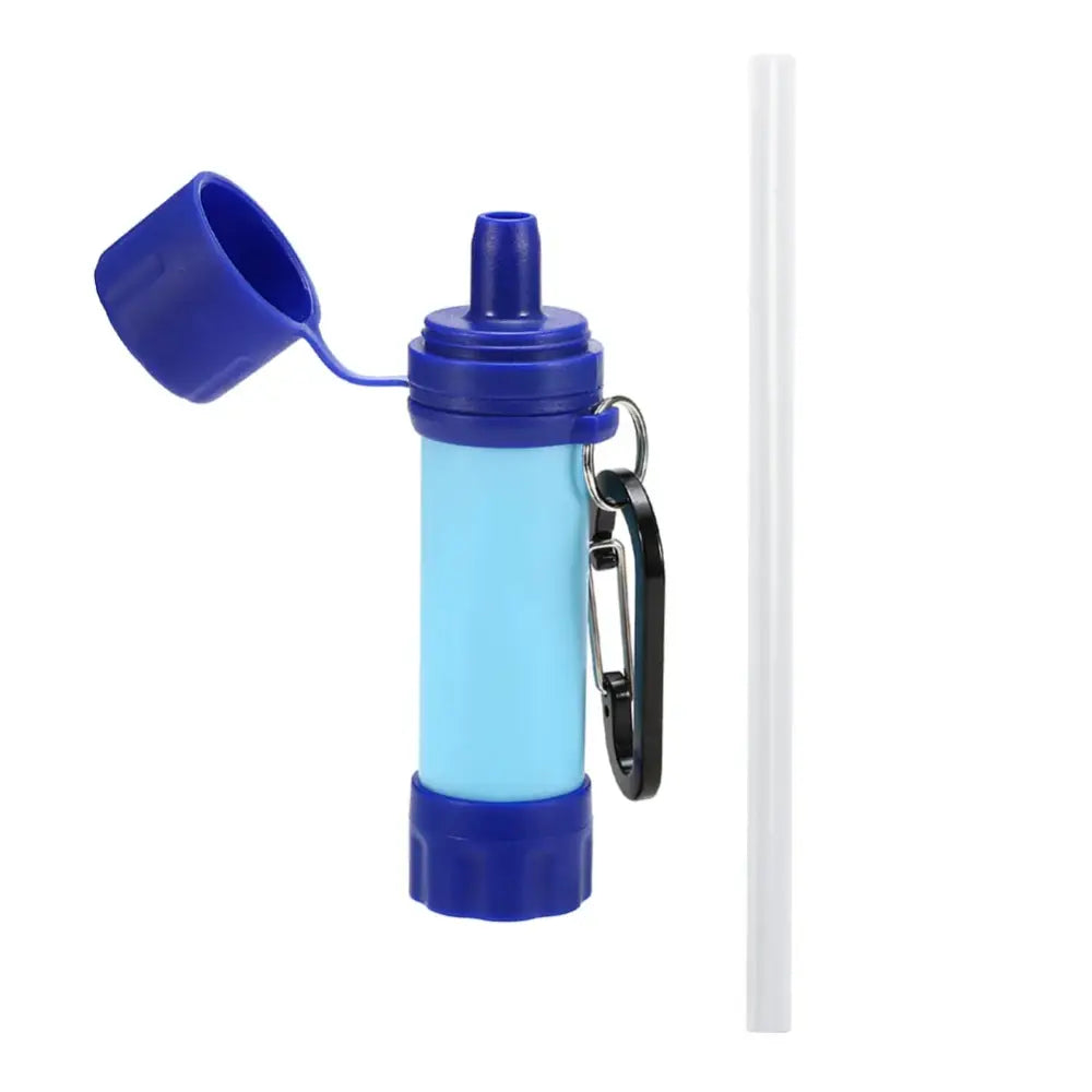 Portable water bottle with a blue body, dark blue cap and base, and attached carabiner clip.