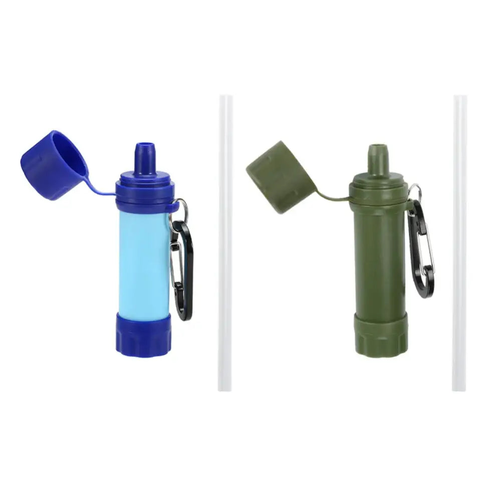 Portable water filtration bottles in blue and green colors with attached carabiners.