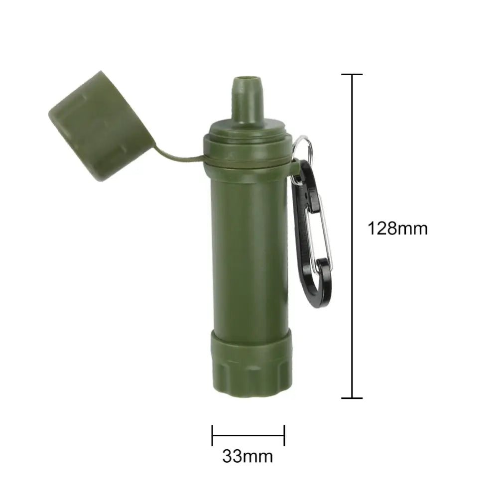 Cylindrical green container with a carabiner clip and cap attached.