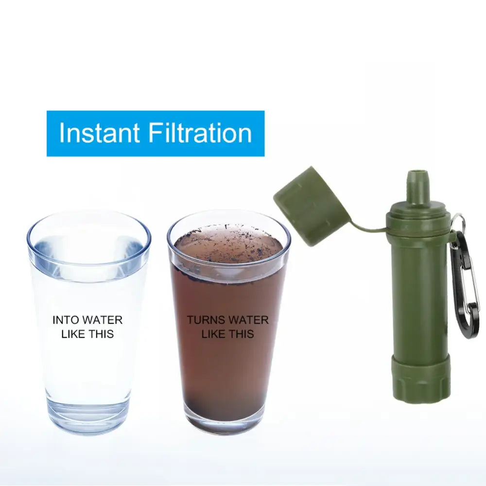 Portable water filtration device shown alongside glasses of clear and murky water.