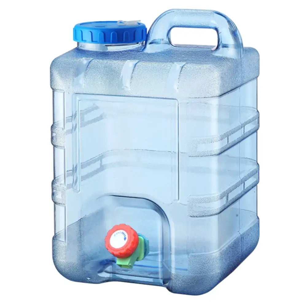 Plastic water container with a blue cap and a spigot.