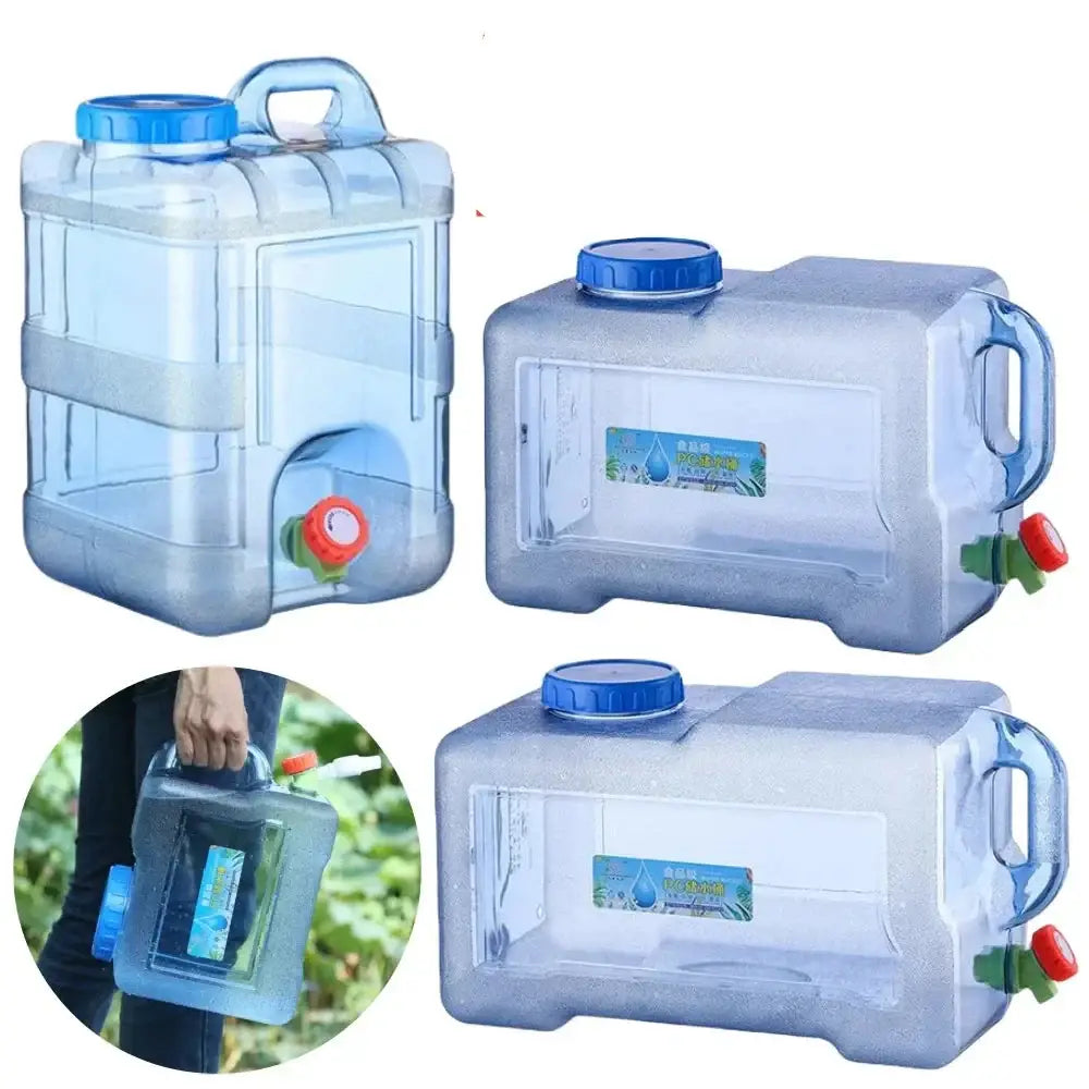 Water storage containers with spigots and handles for easy pouring and carrying.