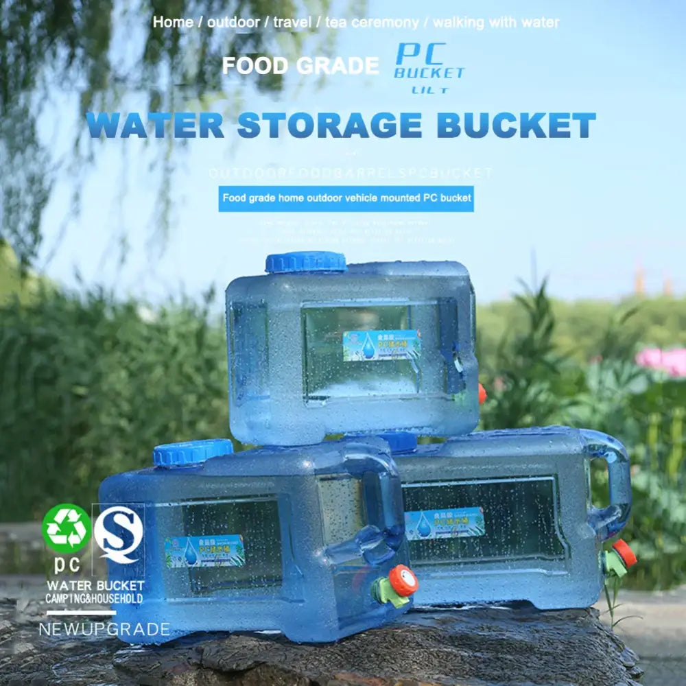 Water storage buckets made of transparent blue plastic with spigots.