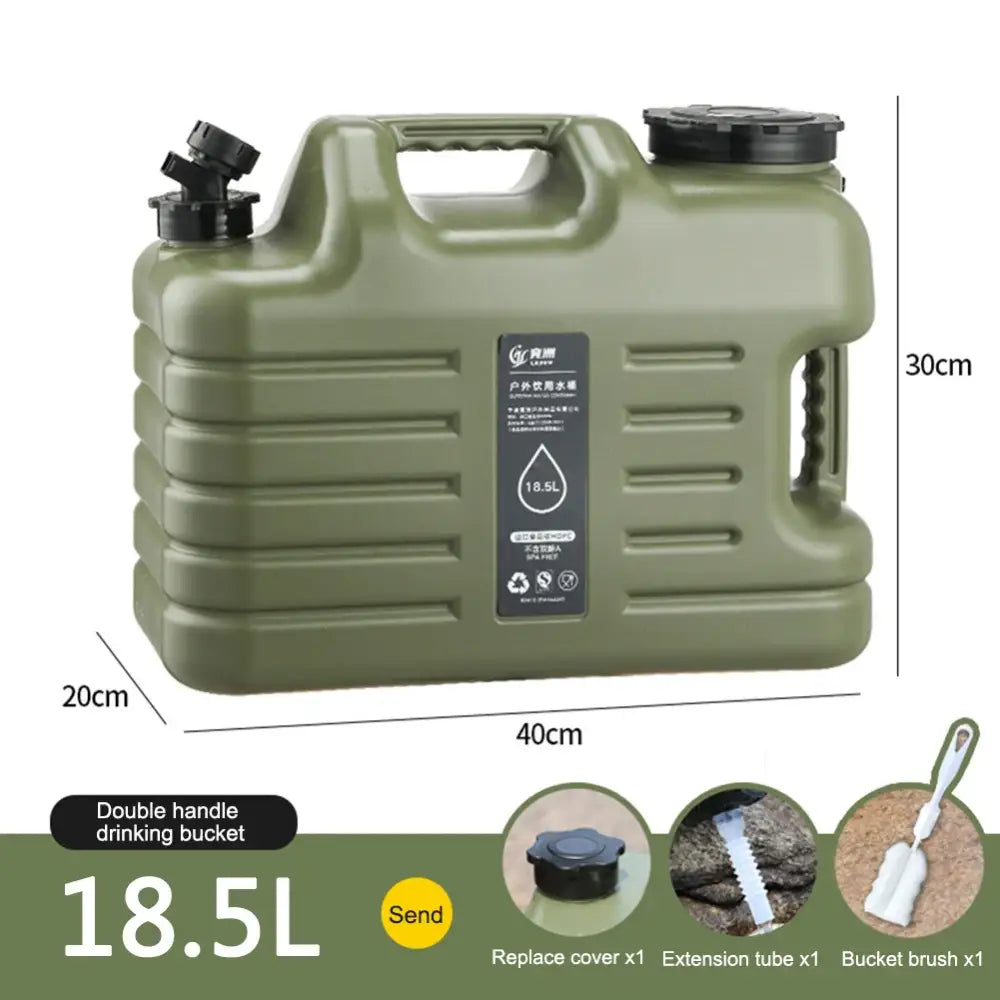 Olive green plastic water container with multiple handles and spouts.