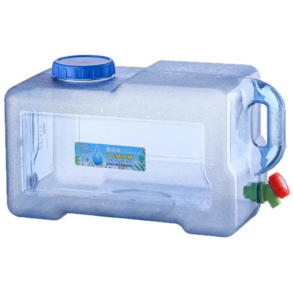 Rectangular plastic water container with a blue cap and spigot.