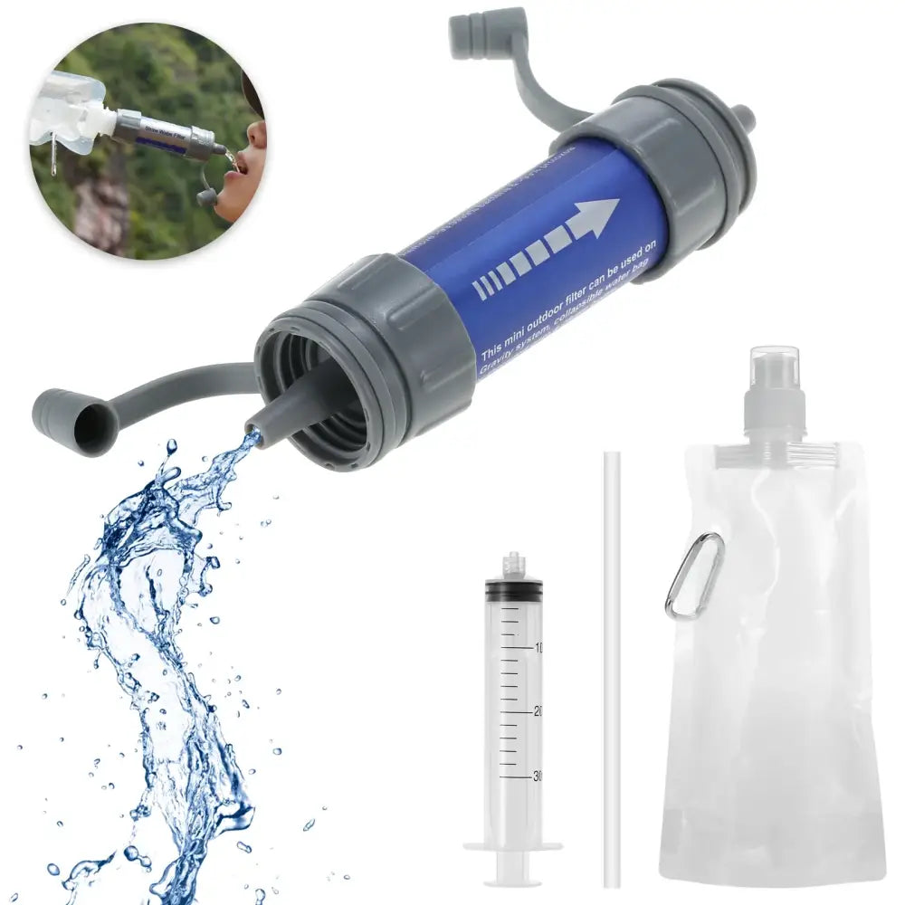 Portable water filtration system with blue cylindrical body and attachments.