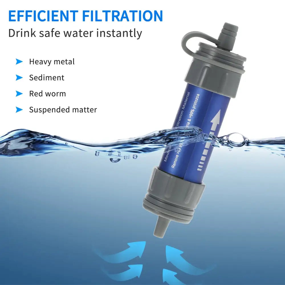 Portable water filtration device with a blue and gray cylindrical body and a straw-like spout.