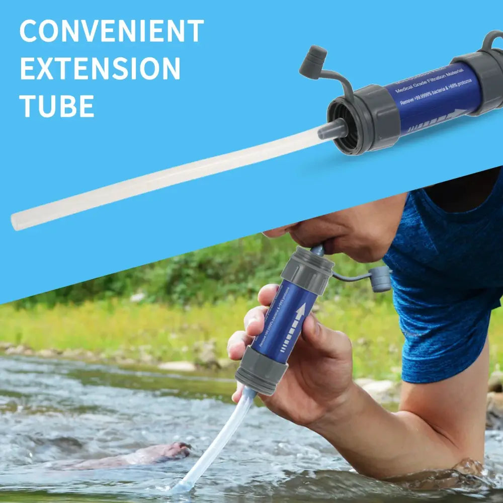 Portable water filtration device with an extended tube for drinking from natural water sources.