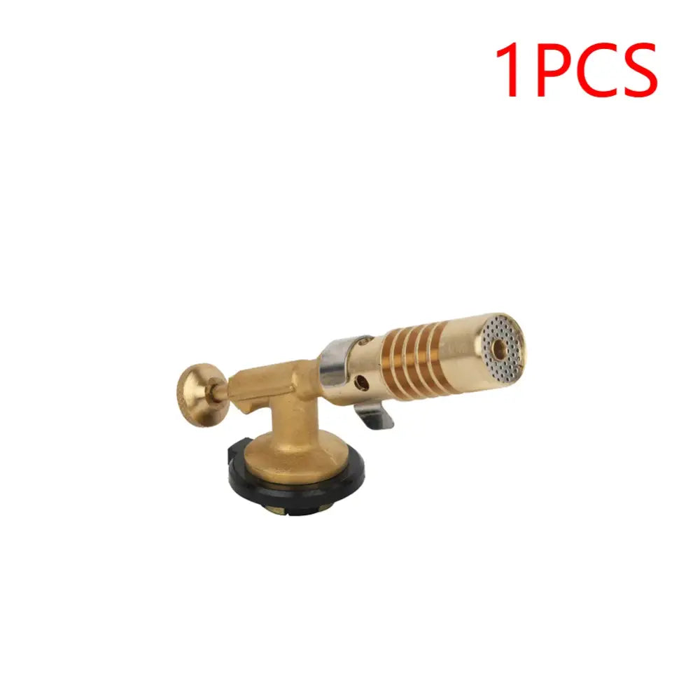 Brass gas torch burner with an adjustable nozzle and base.