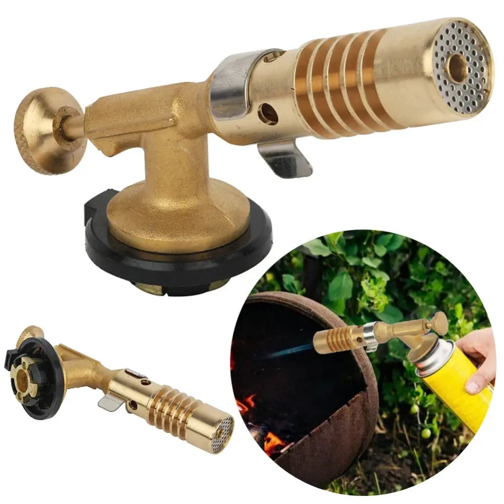 Brass propane torch with a stand and adjustable flame nozzle.