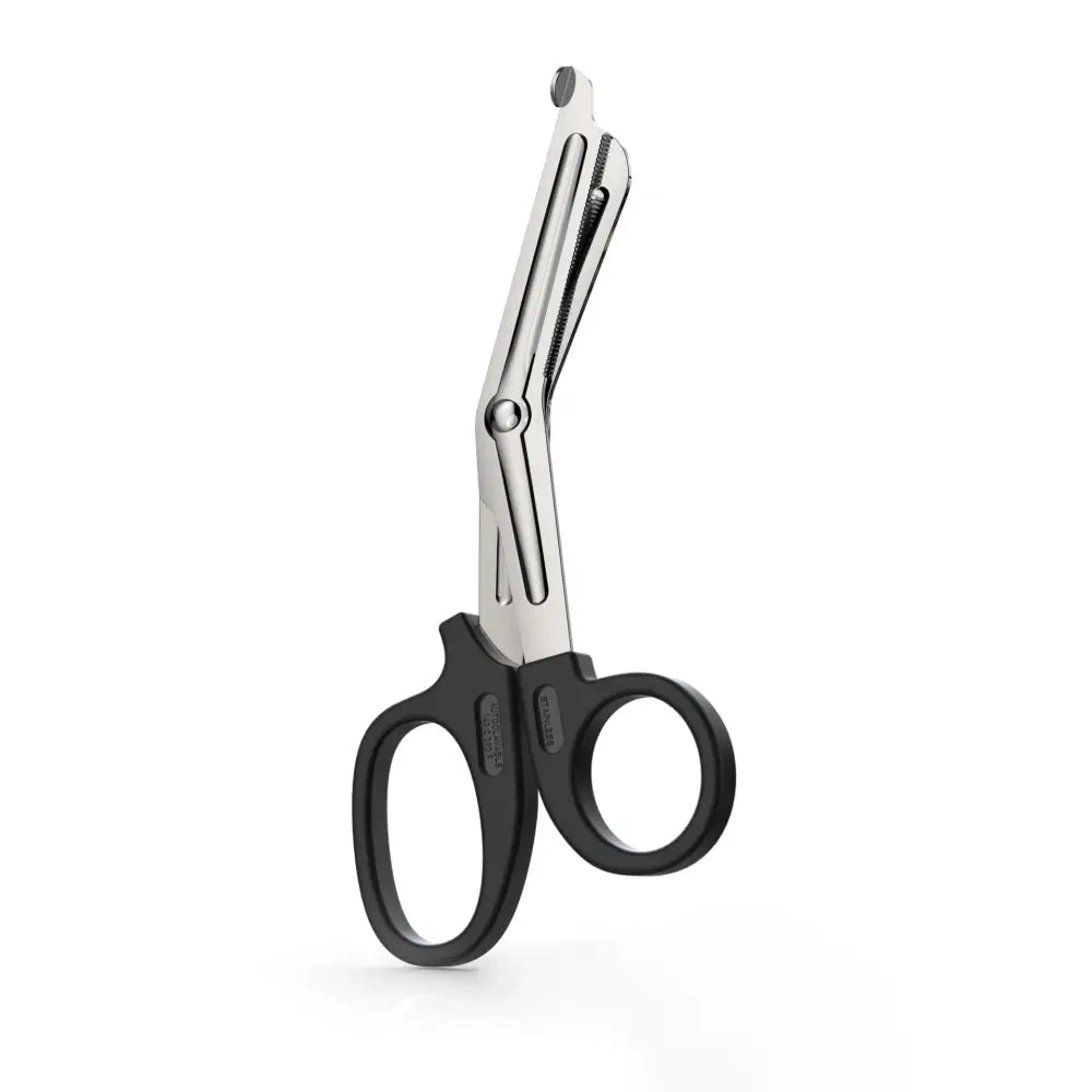 Pair of scissors with black handles and silver blades.