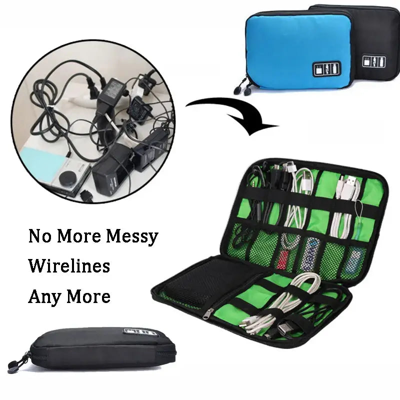 Cable organizer case with multiple compartments for storing electronic accessories and cords.