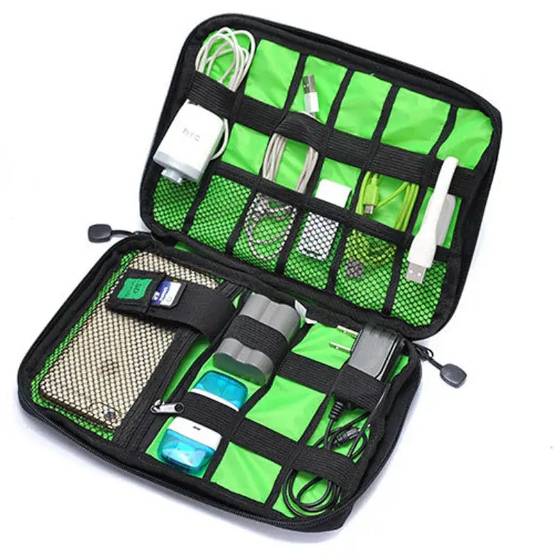 Electronics organizer case with multiple compartments for cables and accessories.