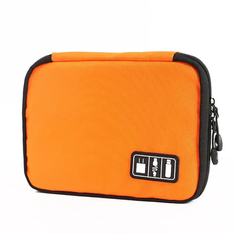 Orange travel organizer pouch with a black zipper and electronic accessories icon.