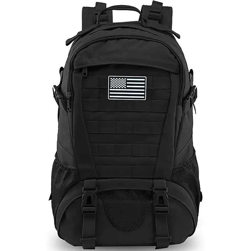 Black tactical backpack with an American flag patch on the front.