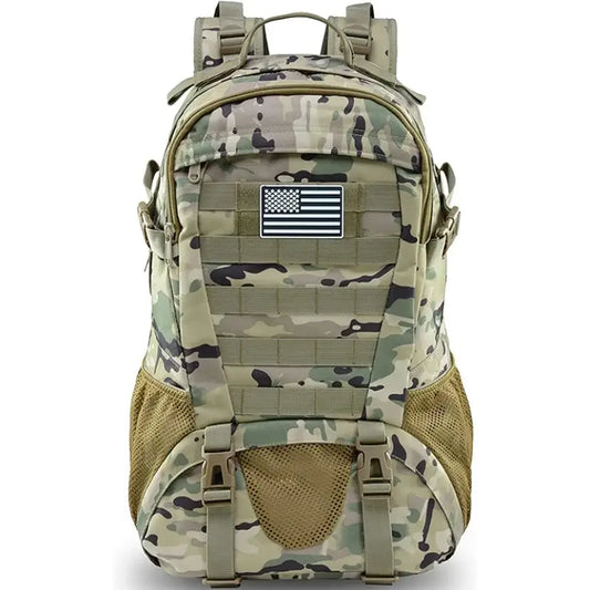 Military-style camouflage backpack with an American flag patch.