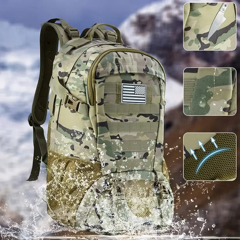 Camouflage military-style backpack with an American flag patch.