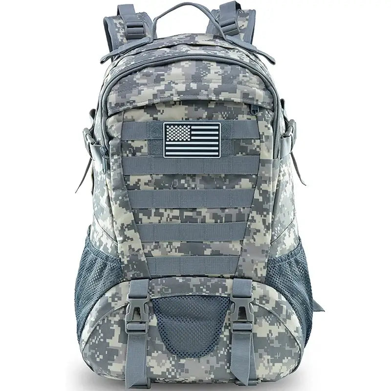 Military-style backpack with digital camouflage pattern and an American flag patch.