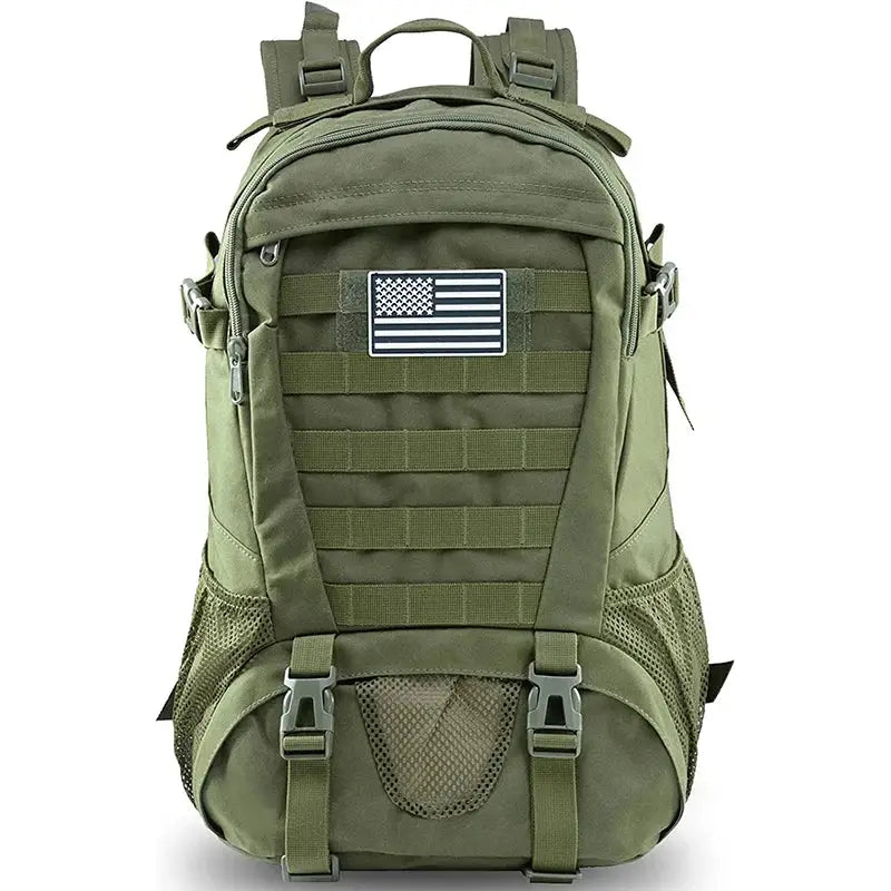 Military-style tactical backpack in olive green with an American flag patch.